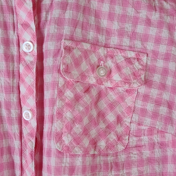 Pink White Plaid Button Down 3/4 Sleeve Top - Picture 2 of 8